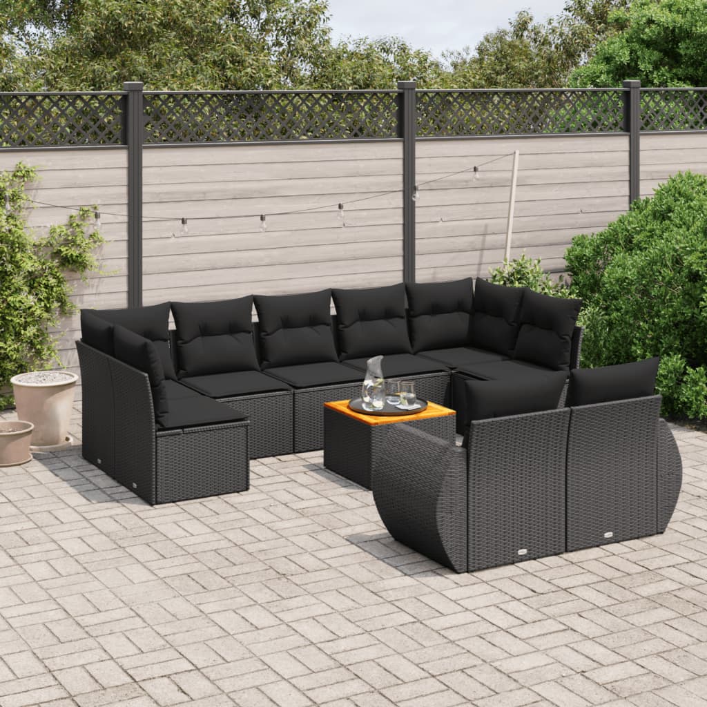 10-delige Loungeset met kussens poly rattan zwart – afbeelding 1