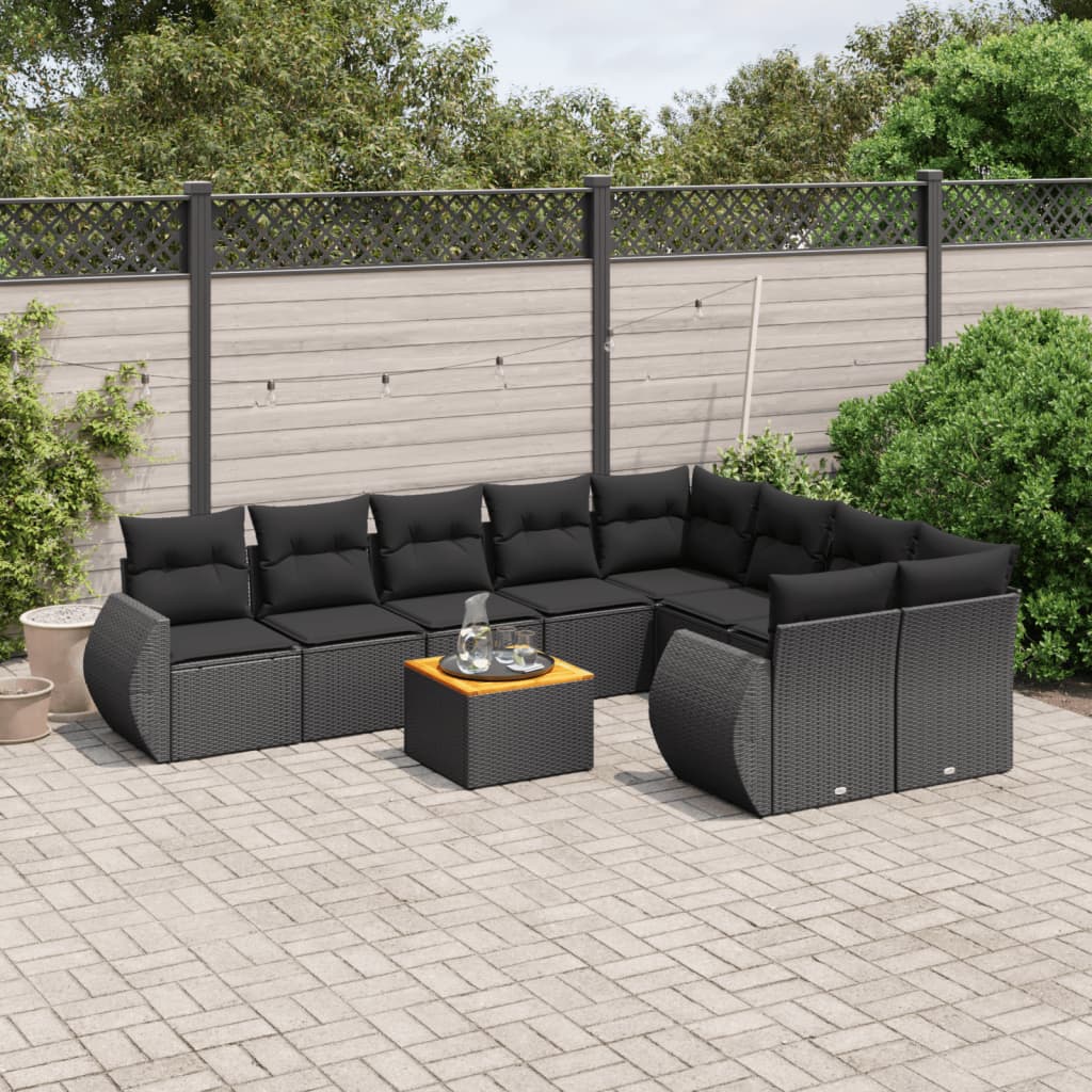 10-delige Loungeset met kussens poly rattan zwart – afbeelding 1