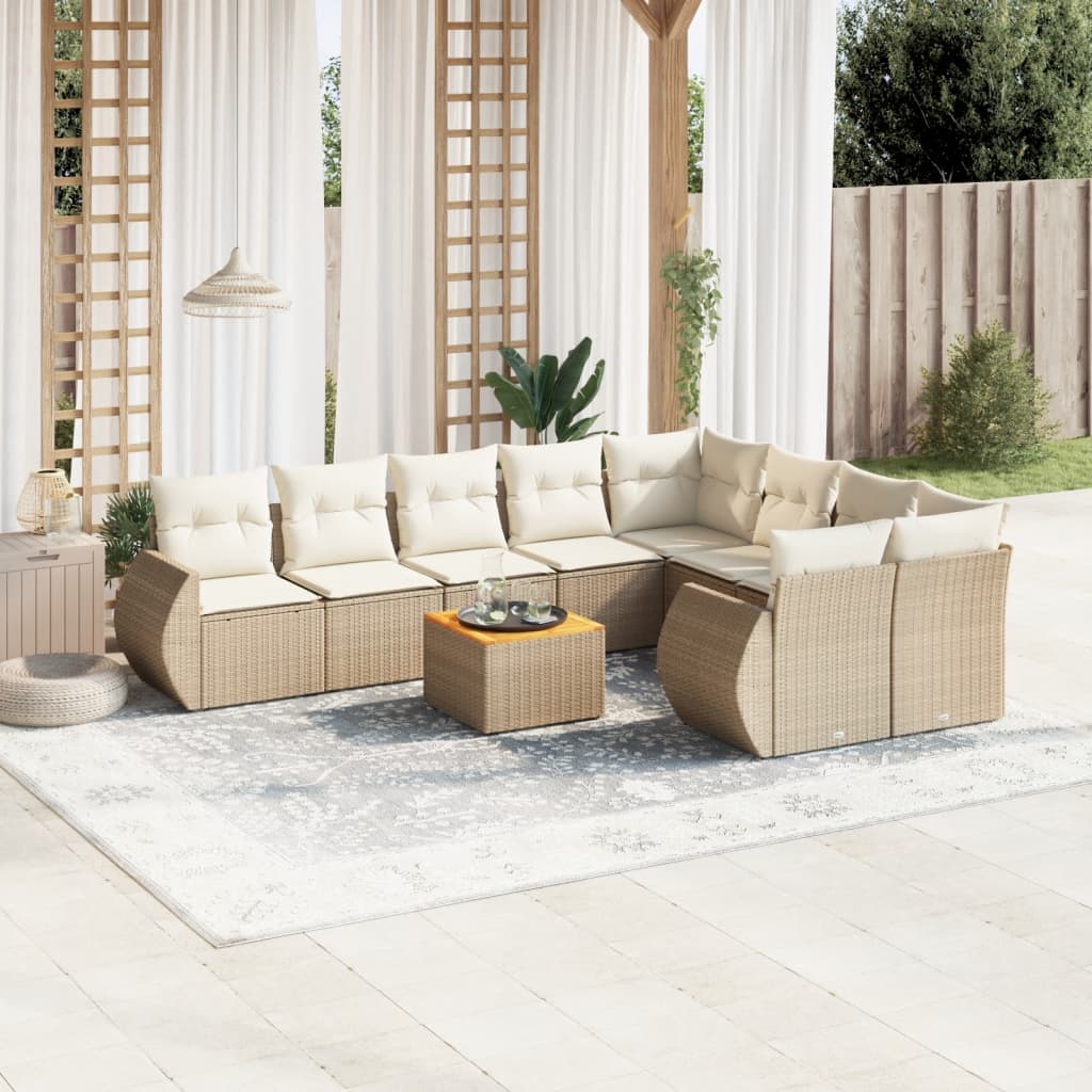 10-delige Loungeset met kussens poly rattan beige – afbeelding 1