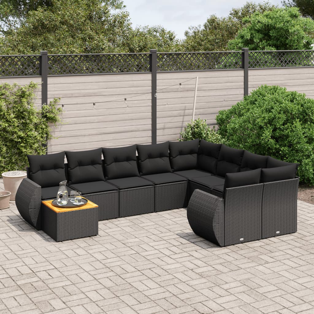 10-delige Loungeset met kussens poly rattan zwart – afbeelding 1