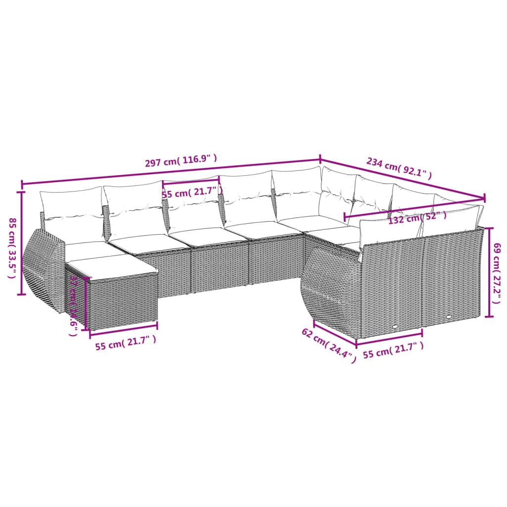 10-delige Loungeset met kussens poly rattan zwart – afbeelding 8
