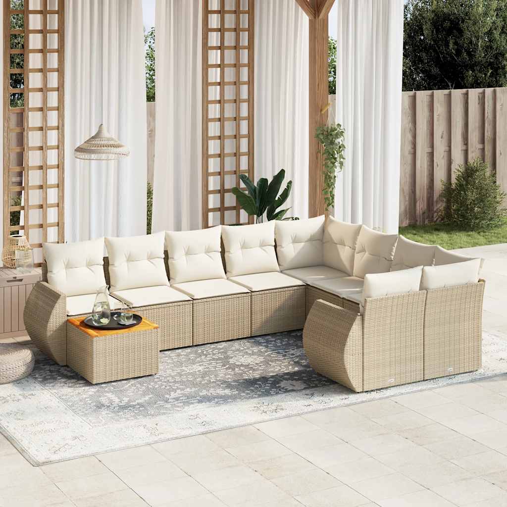 10-delige Loungeset met kussens poly rattan beige – afbeelding 1