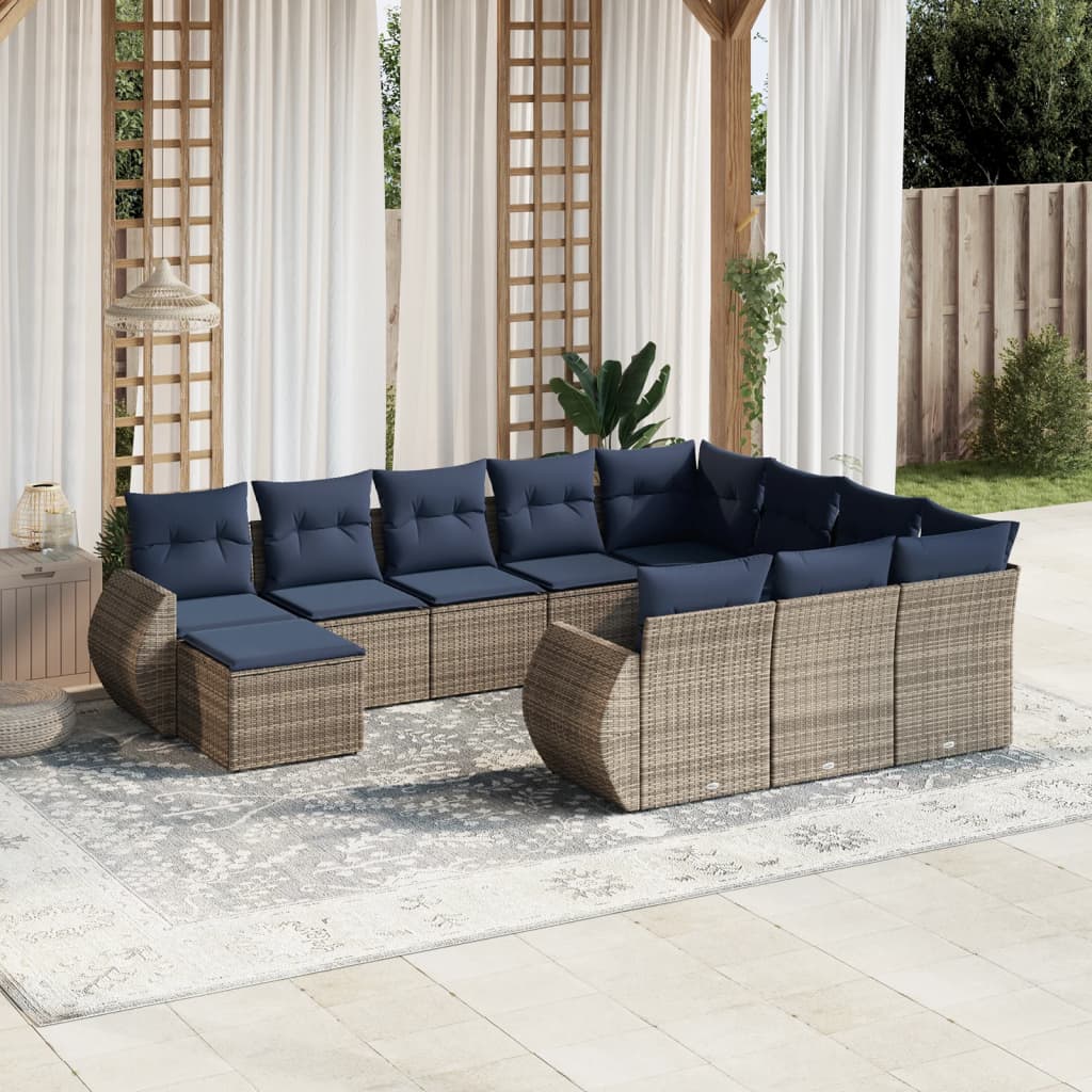 11-delige tuinbankset met kussens, grijs polyrotan – afbeelding 1