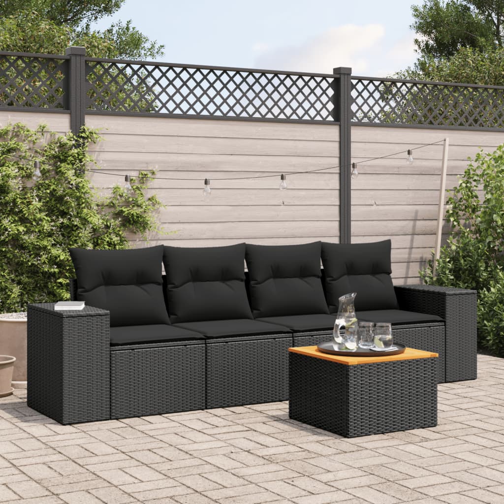 5-delige Loungeset met kussens poly rattan zwart – afbeelding 1