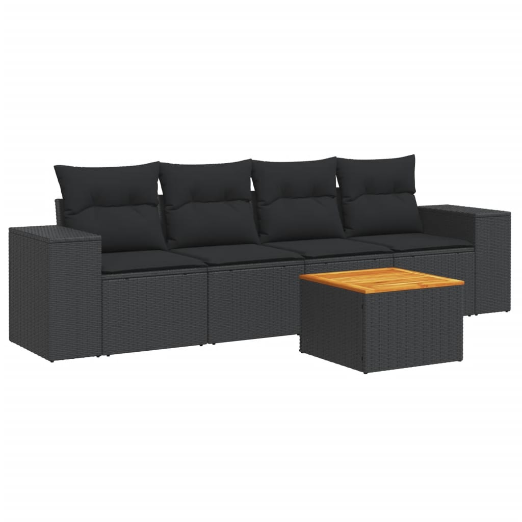 5-delige Loungeset met kussens poly rattan zwart – afbeelding 2