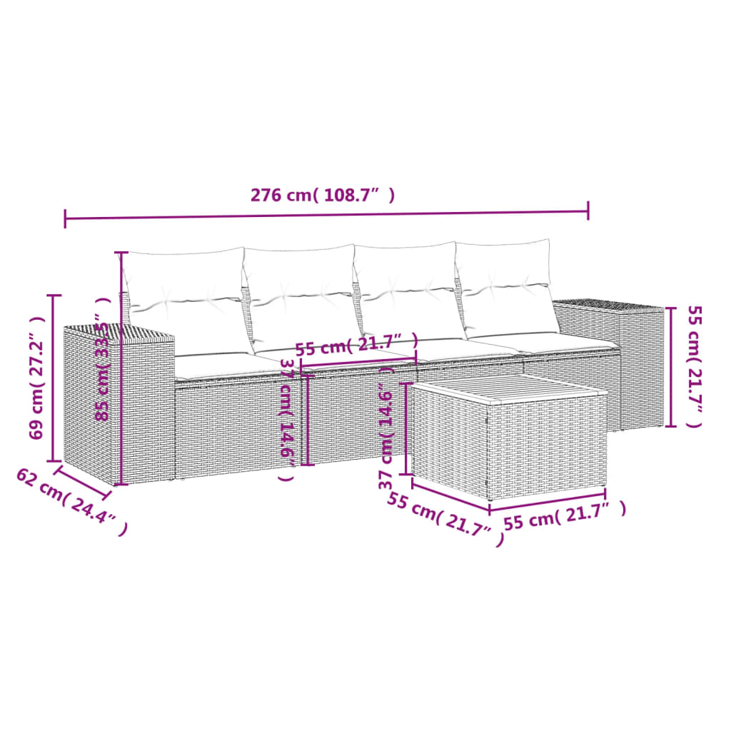 5-delige Loungeset met kussens poly rattan zwart – afbeelding 3