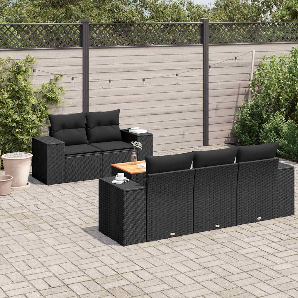 6-delige Loungeset met kussens poly rattan zwart – afbeelding 1