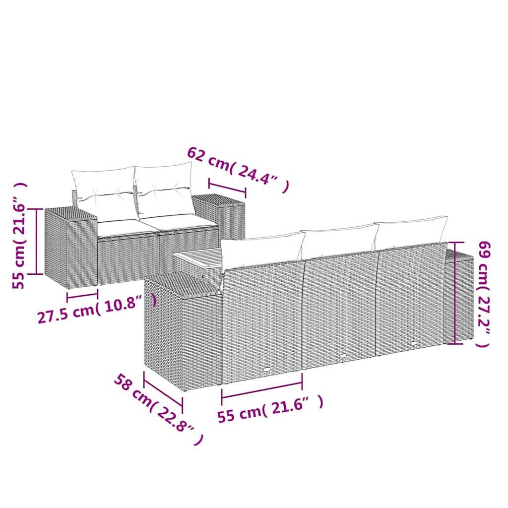 6-delige Loungeset met kussens poly rattan zwart – afbeelding 3