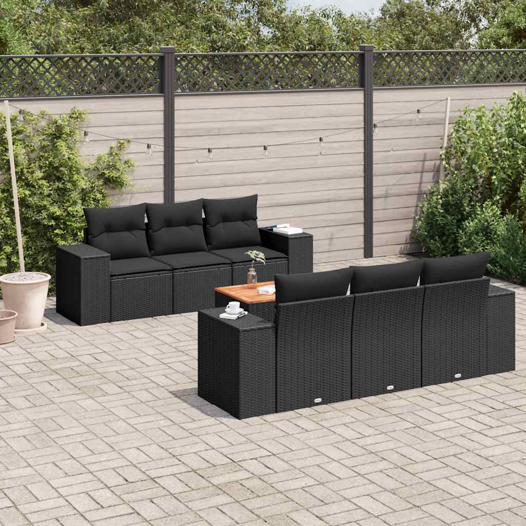 7-delige Loungeset met kussens poly rattan zwart – afbeelding 1