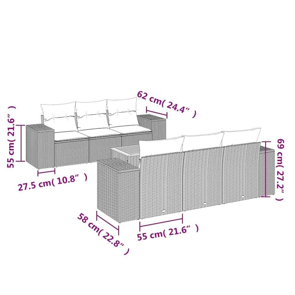 7-delige Loungeset met kussens poly rattan zwart – afbeelding 3