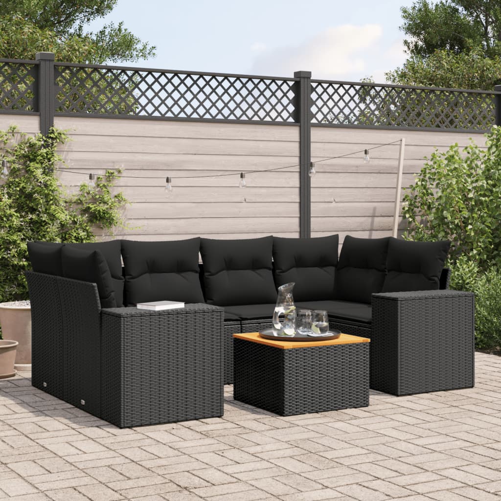 7-delige Loungeset met kussens poly rattan zwart – afbeelding 1