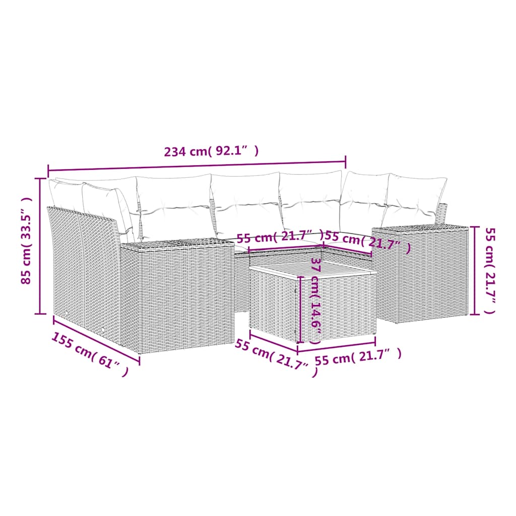 7-delige Loungeset met kussens poly rattan zwart – afbeelding 3