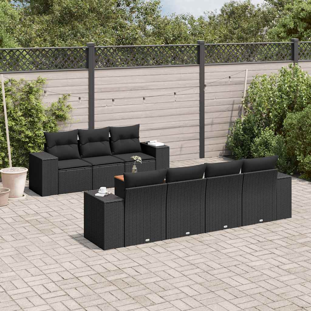 8-delige Loungeset met kussens poly rattan zwart – afbeelding 1