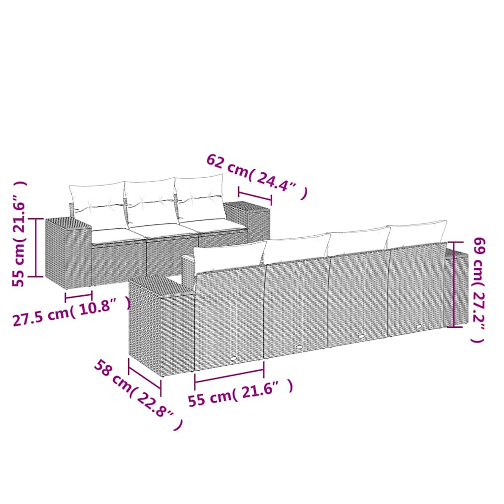 8-delige Loungeset met kussens poly rattan zwart – afbeelding 3