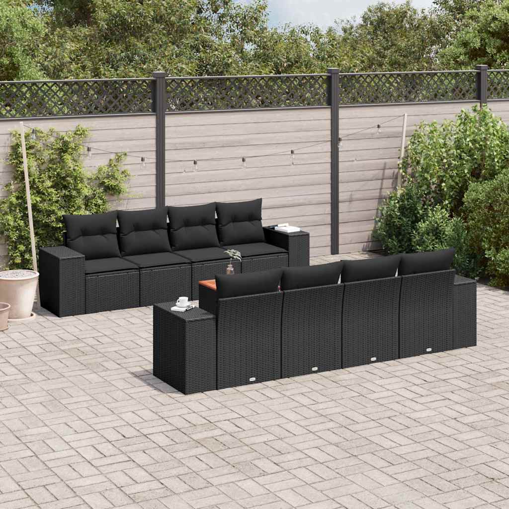 9-delige Loungeset met kussens poly rattan zwart – afbeelding 1
