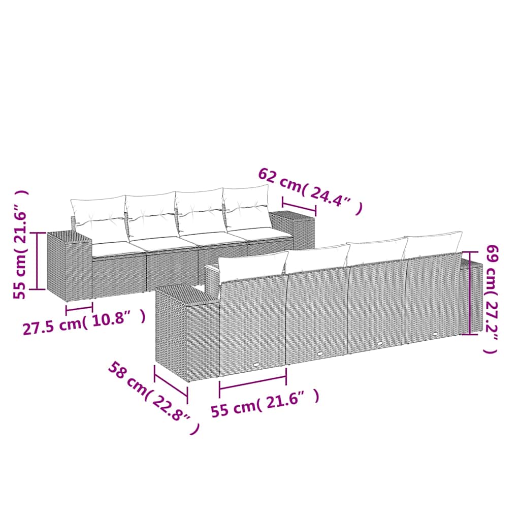 9-delige Loungeset met kussens poly rattan zwart – afbeelding 3