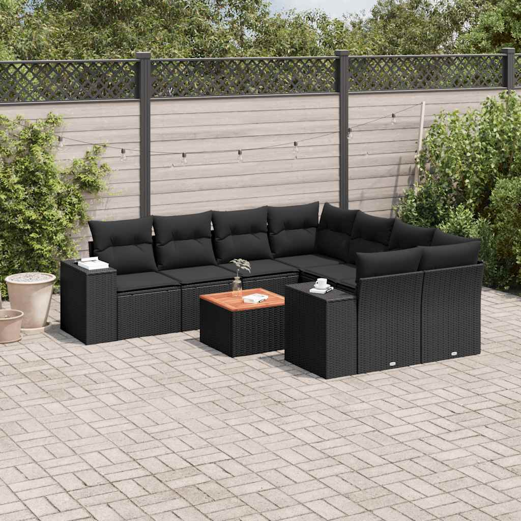 9-delige Loungeset met kussens poly rattan zwart – afbeelding 1