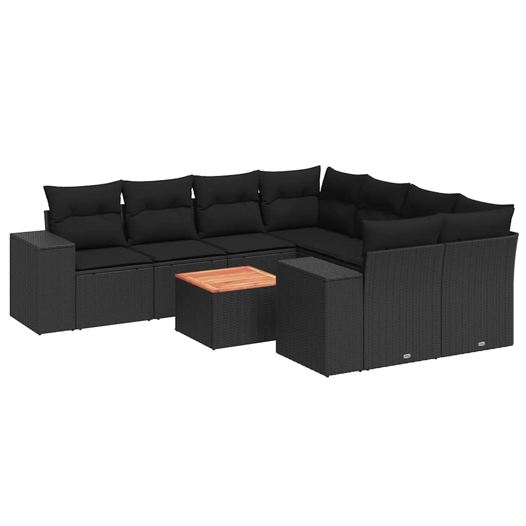 9-delige Loungeset met kussens poly rattan zwart – afbeelding 2