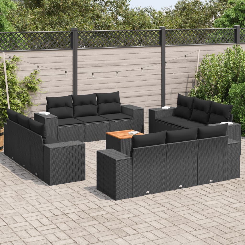 13-delige Loungeset met kussens poly rattan zwart – afbeelding 1