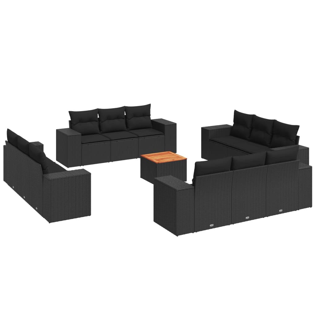 13-delige Loungeset met kussens poly rattan zwart – afbeelding 2