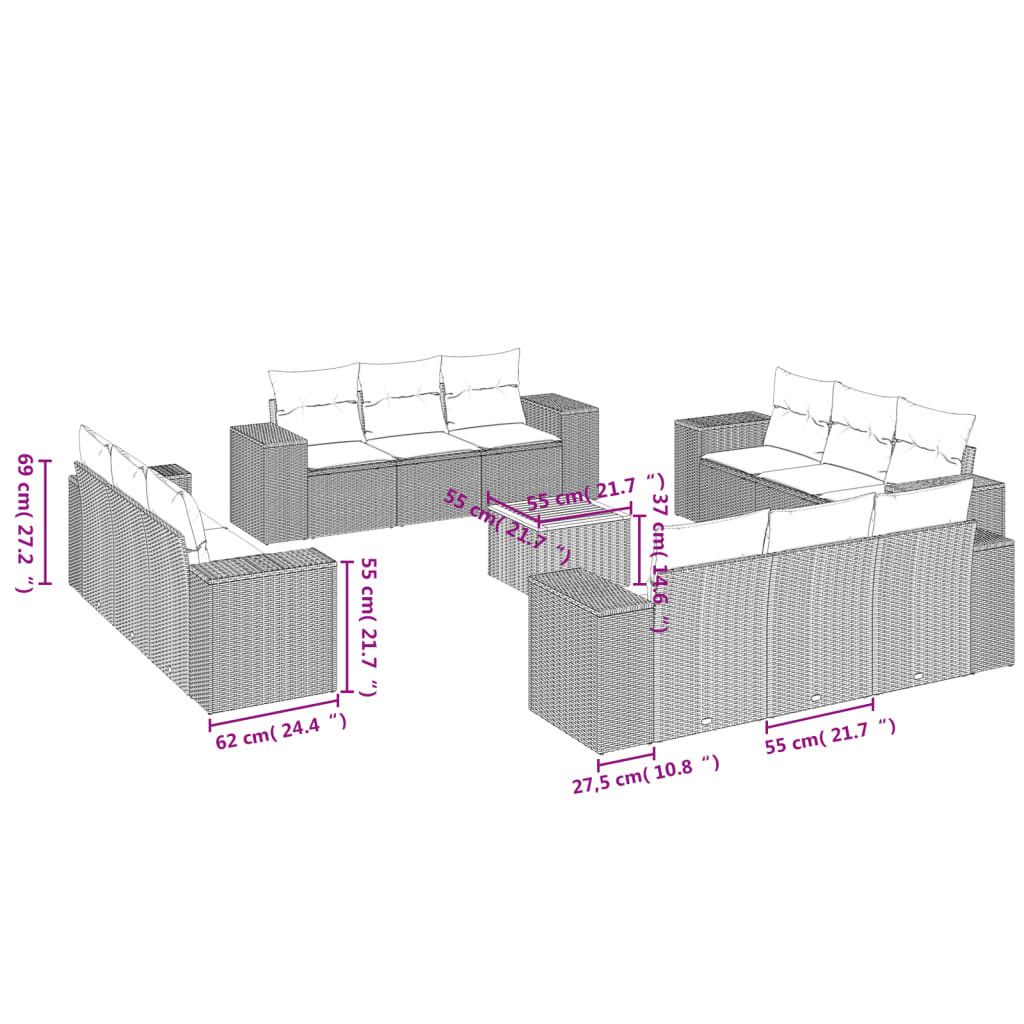 13-delige Loungeset met kussens poly rattan zwart – afbeelding 3