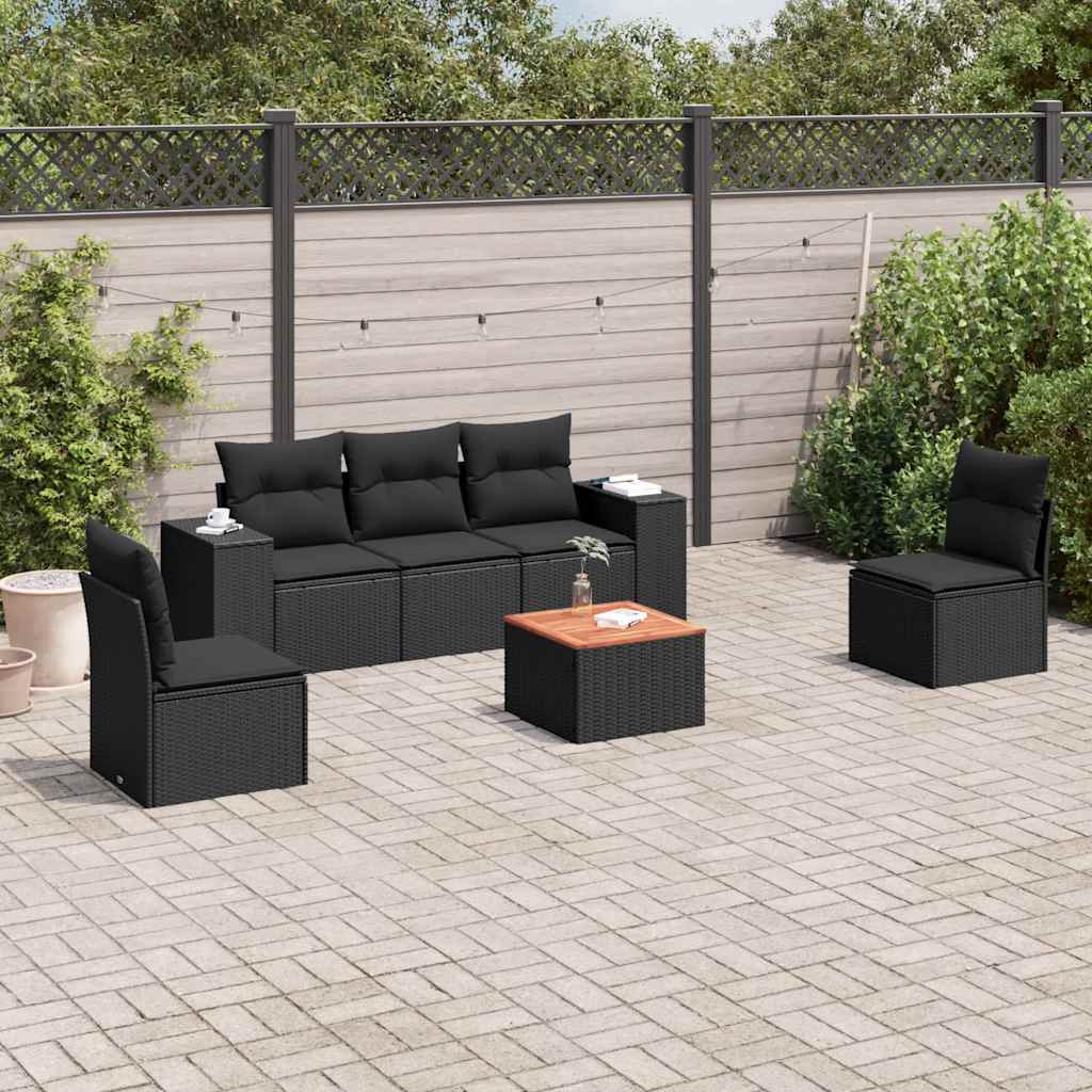 6-delige Loungeset met kussens poly rattan zwart – afbeelding 1