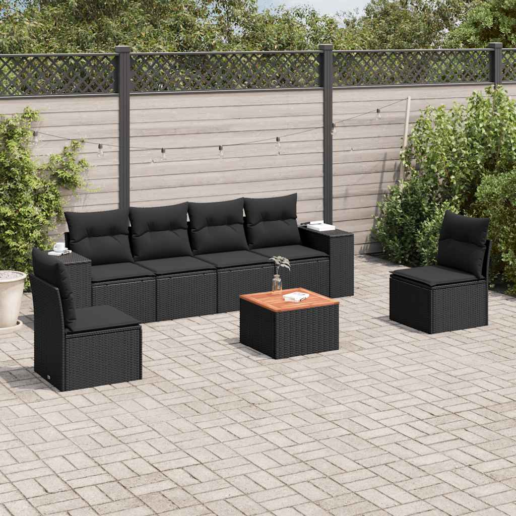 7-delige Loungeset met kussens poly rattan zwart – afbeelding 1