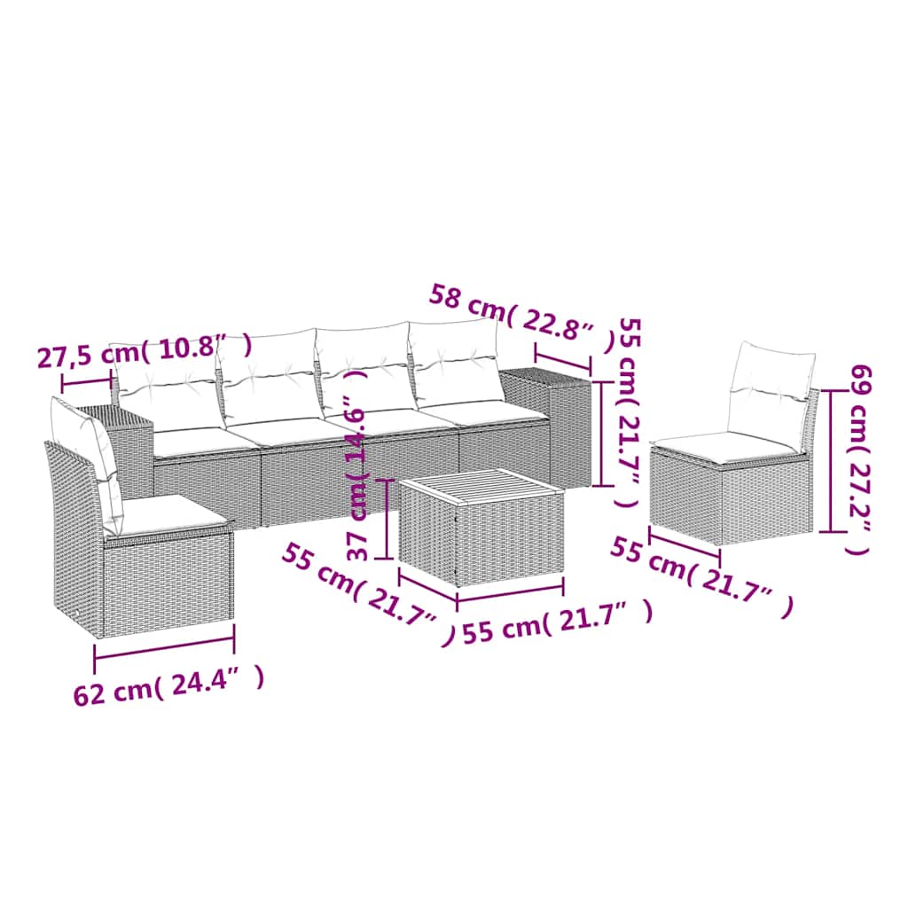 7-delige Loungeset met kussens poly rattan zwart – afbeelding 3