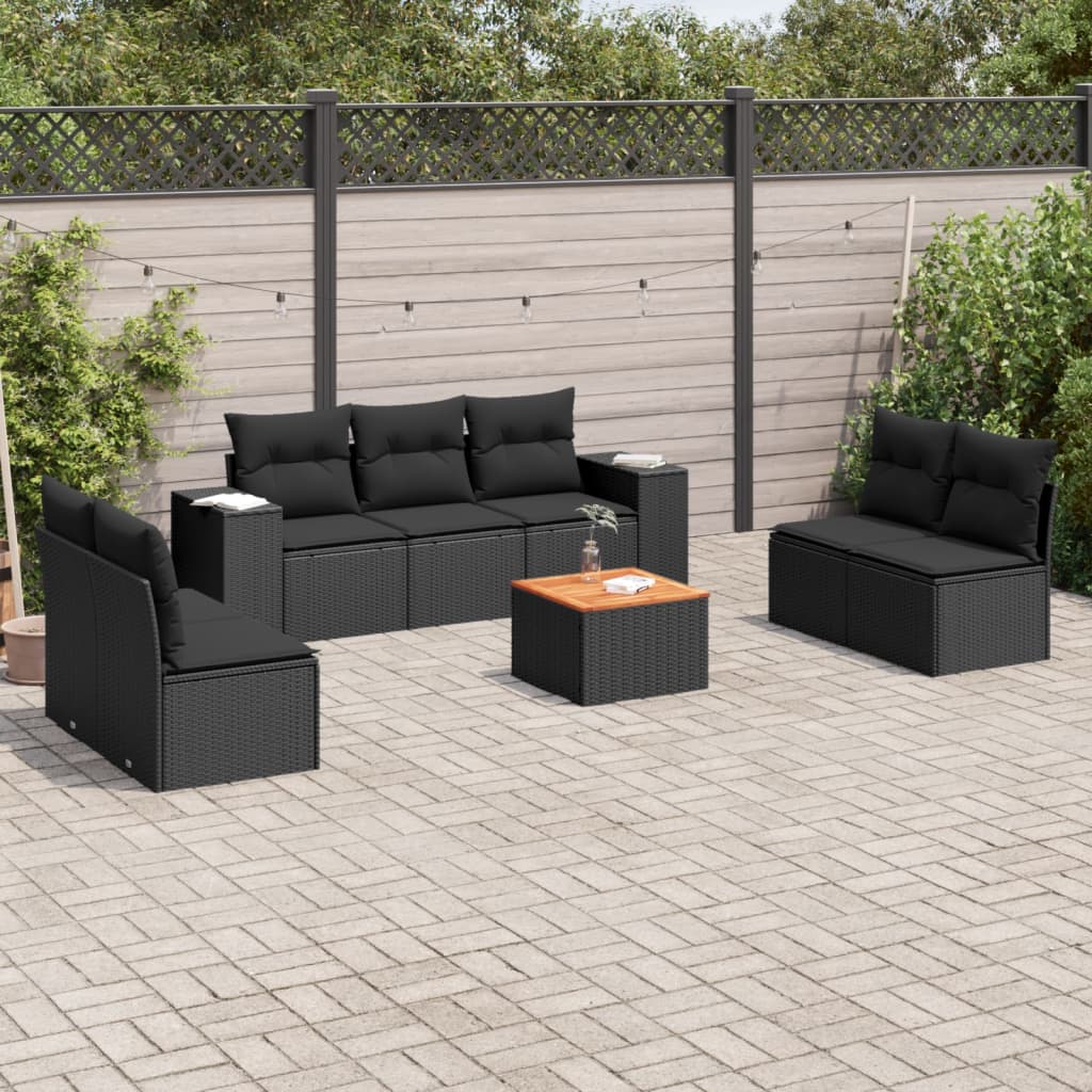 8-delige Loungeset met kussens poly rattan zwart – afbeelding 1