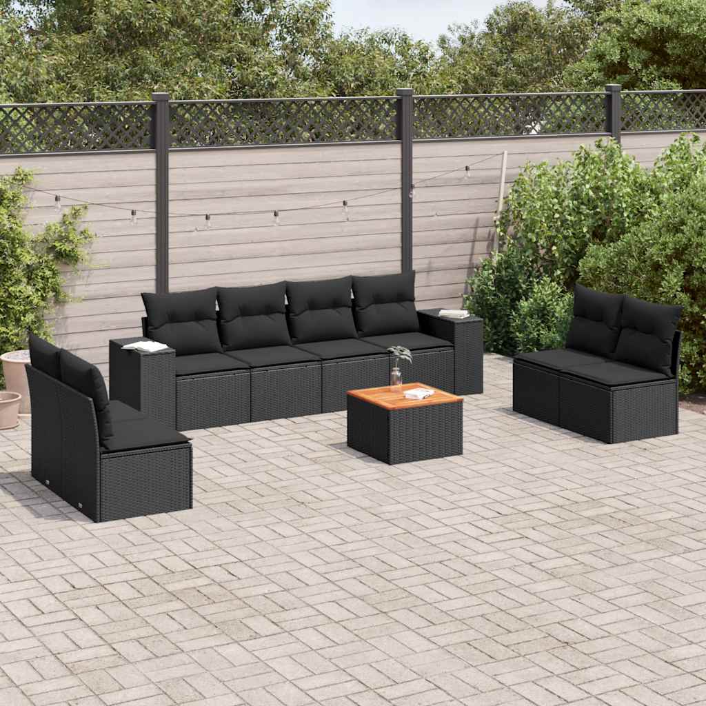 9-delige Loungeset met kussens poly rattan zwart – afbeelding 1