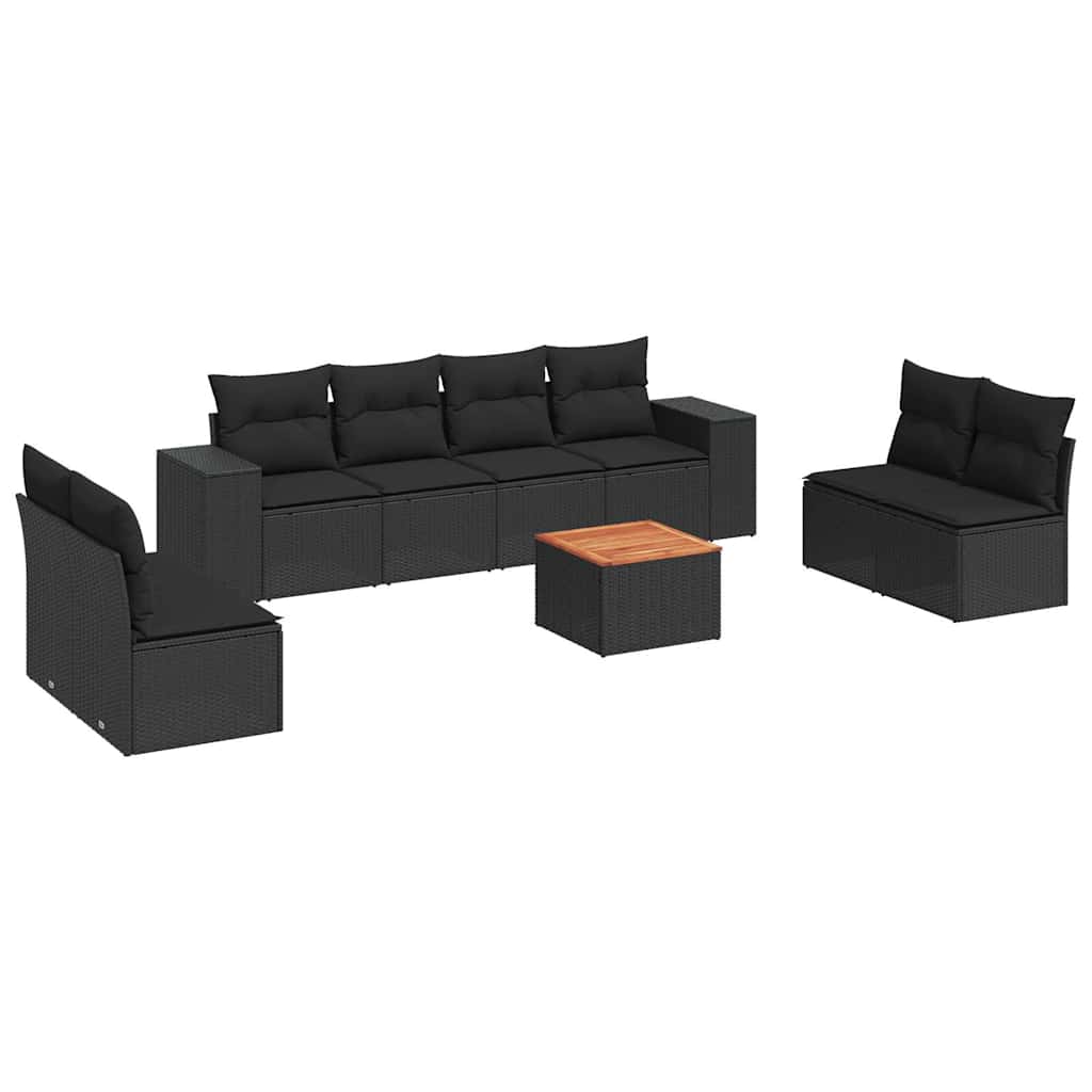 9-delige Loungeset met kussens poly rattan zwart – afbeelding 2