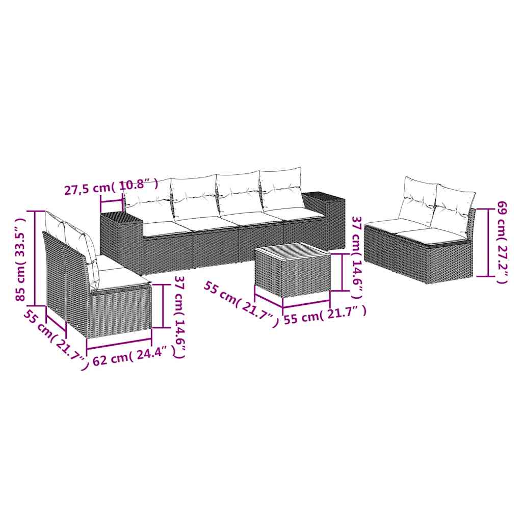 9-delige Loungeset met kussens poly rattan zwart – afbeelding 3