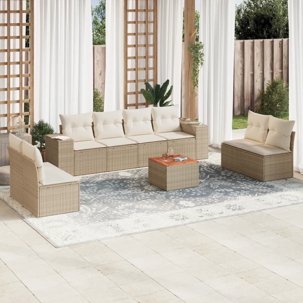9-delige Loungeset met kussens poly rattan beige – afbeelding 1