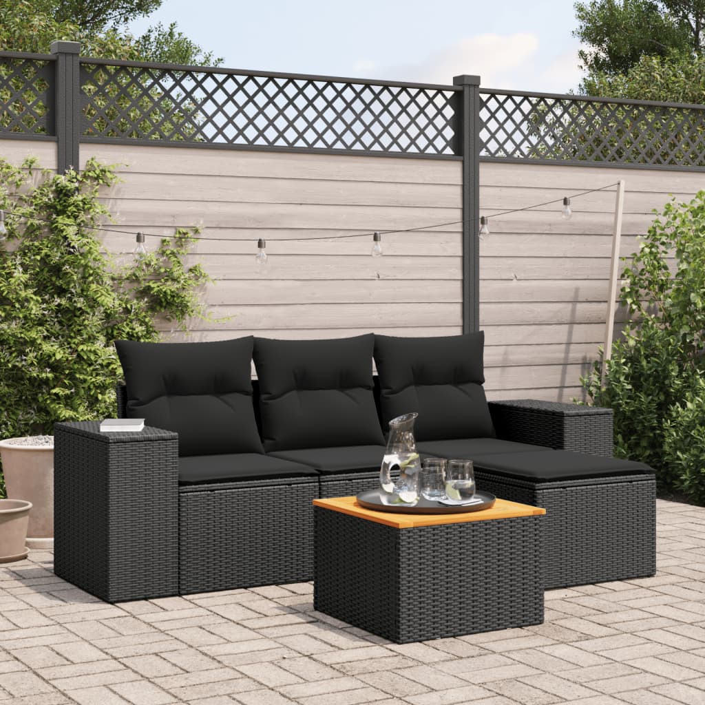 5-delige Loungeset met kussens poly rattan zwart – afbeelding 1