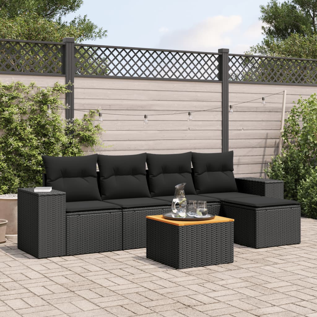 6-delige Loungeset met kussens poly rattan zwart – afbeelding 1