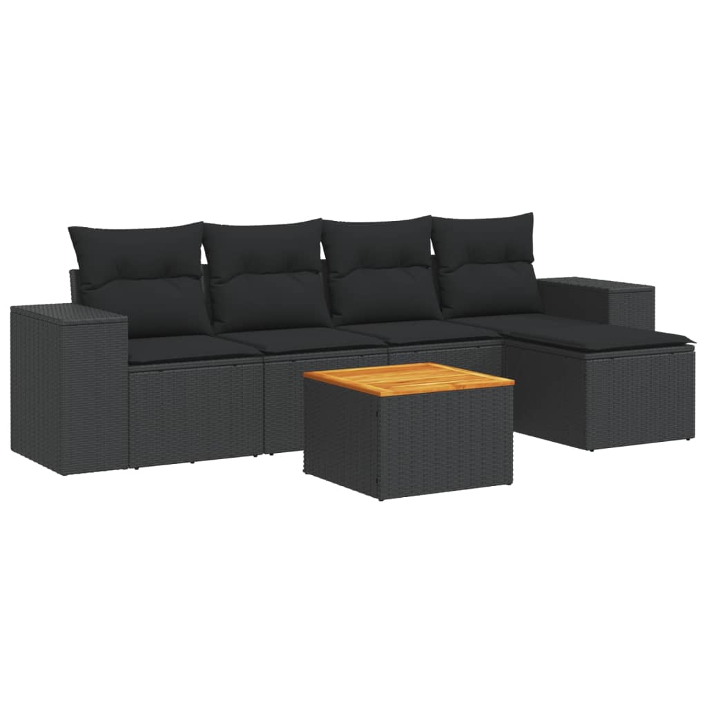 6-delige Loungeset met kussens poly rattan zwart – afbeelding 2