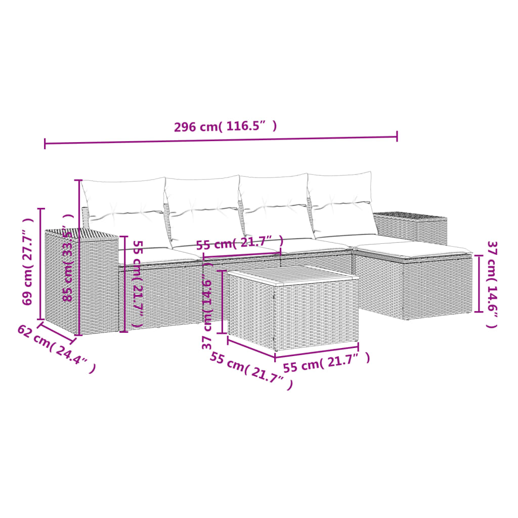 6-delige Loungeset met kussens poly rattan zwart – afbeelding 3