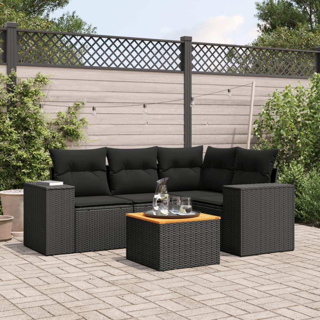 5-delige Loungeset met kussens poly rattan zwart – afbeelding 1