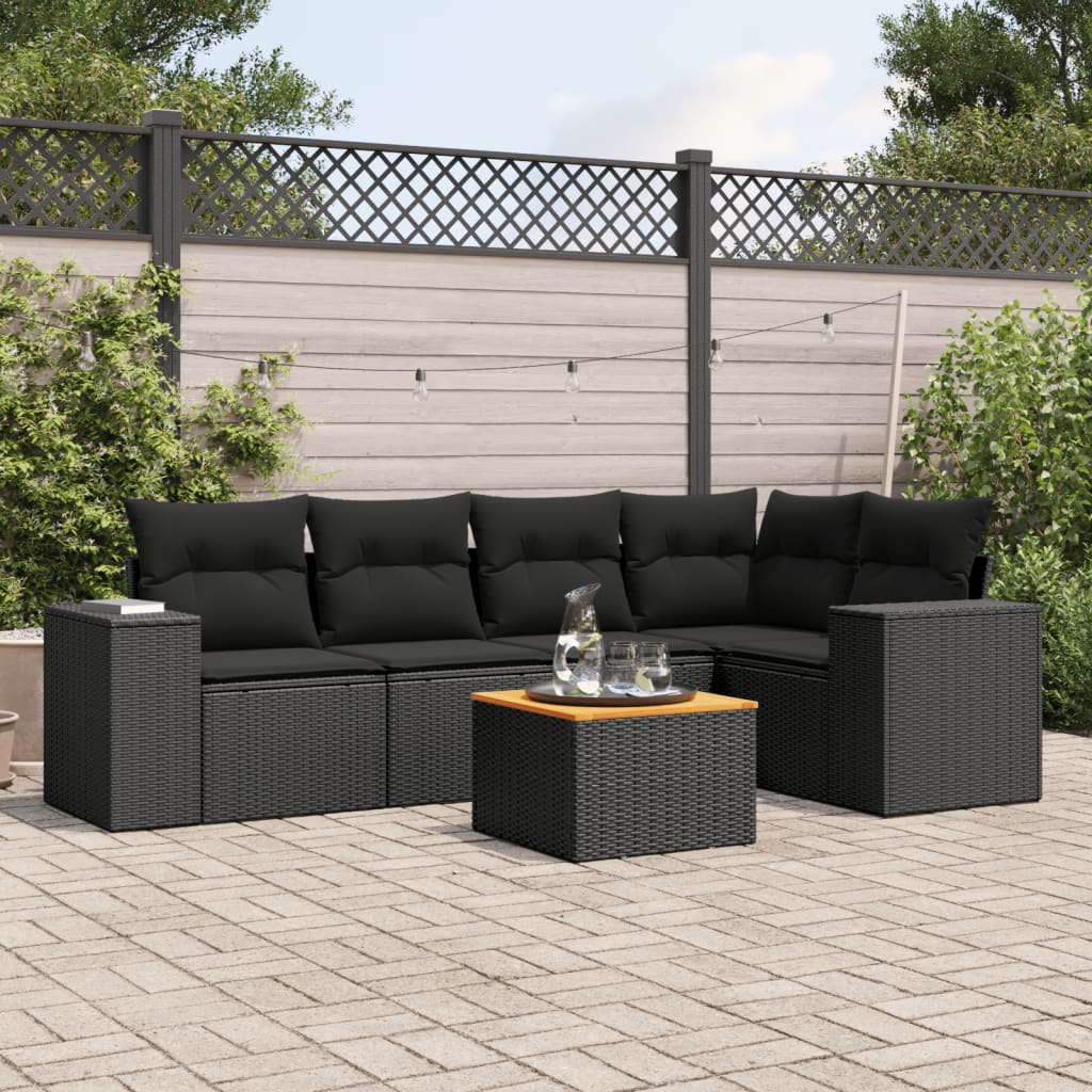6-delige Loungeset met kussens poly rattan zwart – afbeelding 1