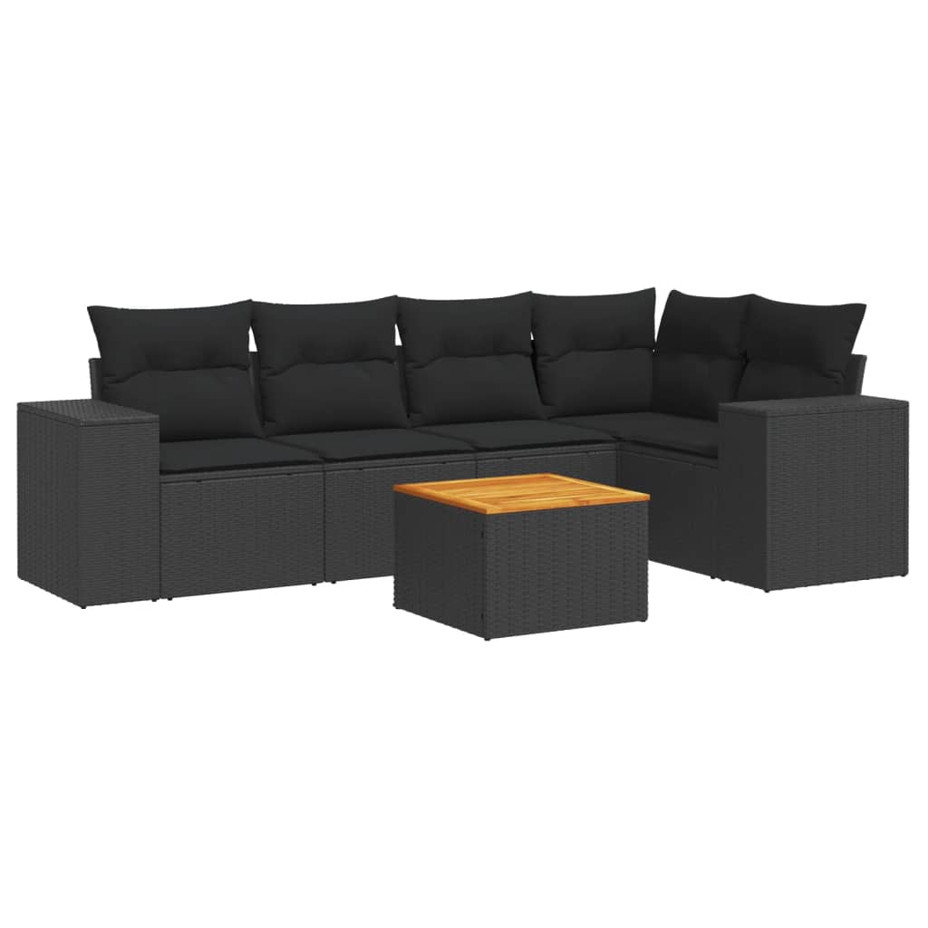 6-delige Loungeset met kussens poly rattan zwart – afbeelding 2