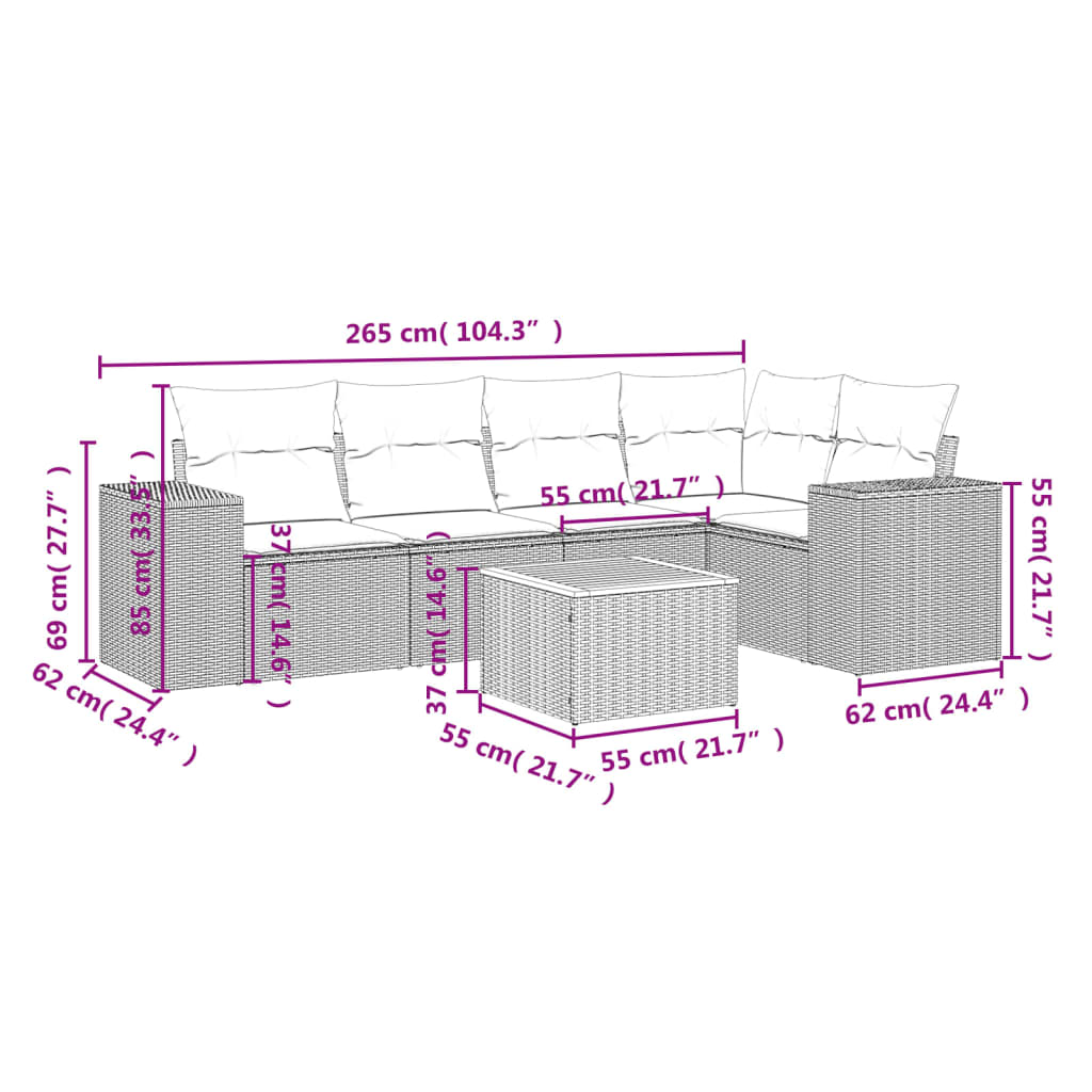 6-delige Loungeset met kussens poly rattan zwart – afbeelding 3