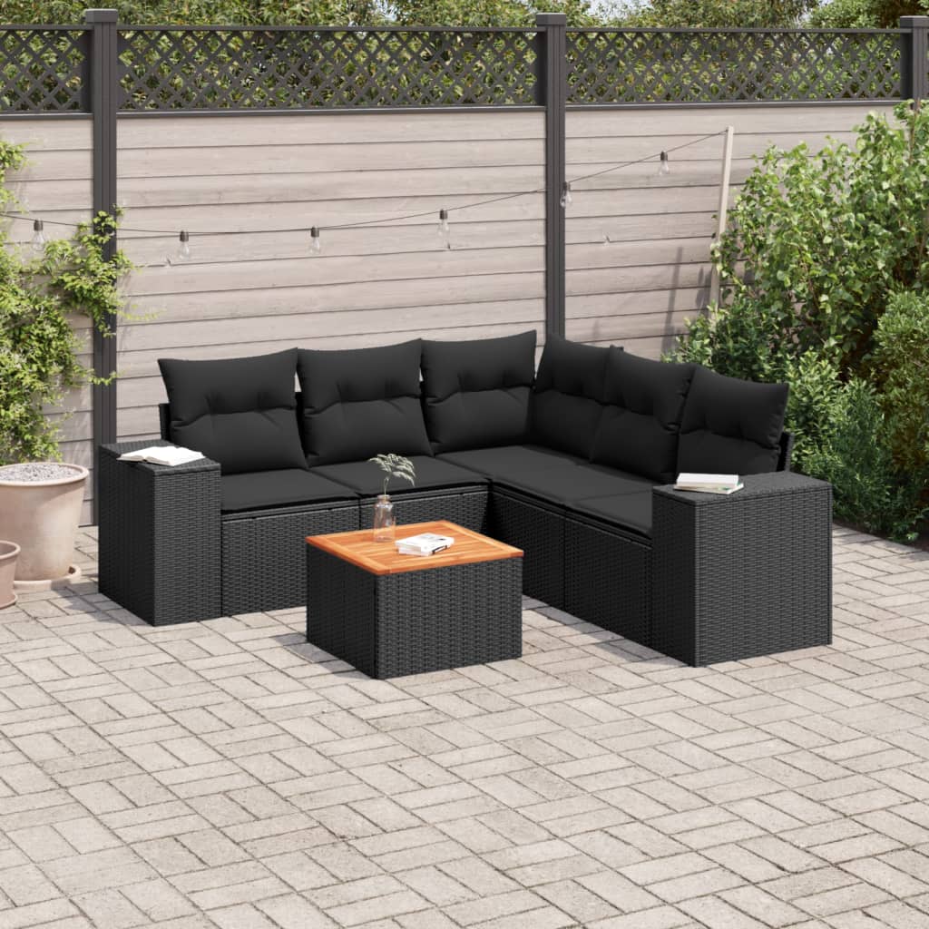 6-delige Loungeset met kussens poly rattan zwart – afbeelding 1