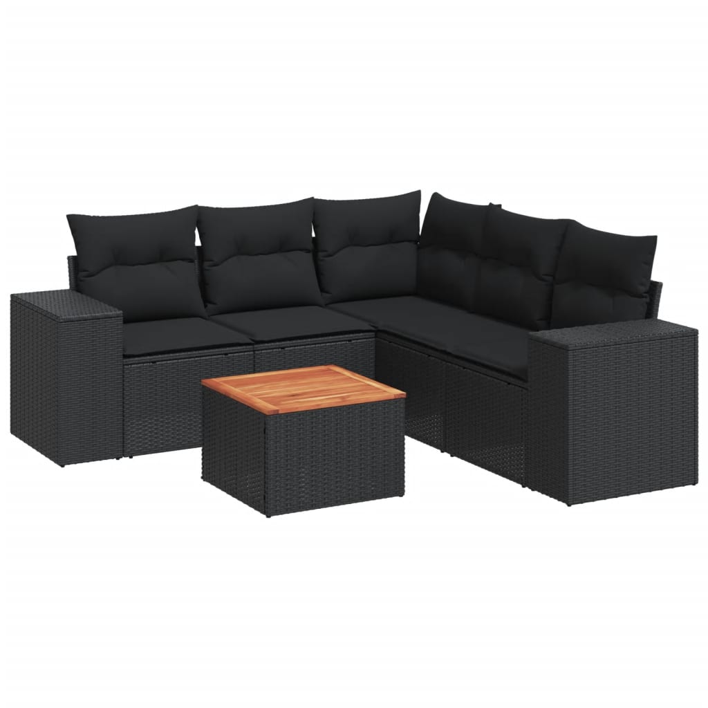 6-delige Loungeset met kussens poly rattan zwart – afbeelding 2