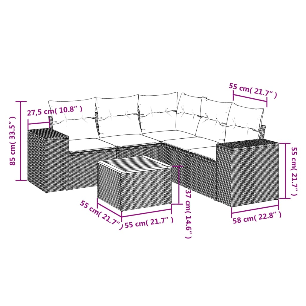 6-delige Loungeset met kussens poly rattan zwart – afbeelding 3