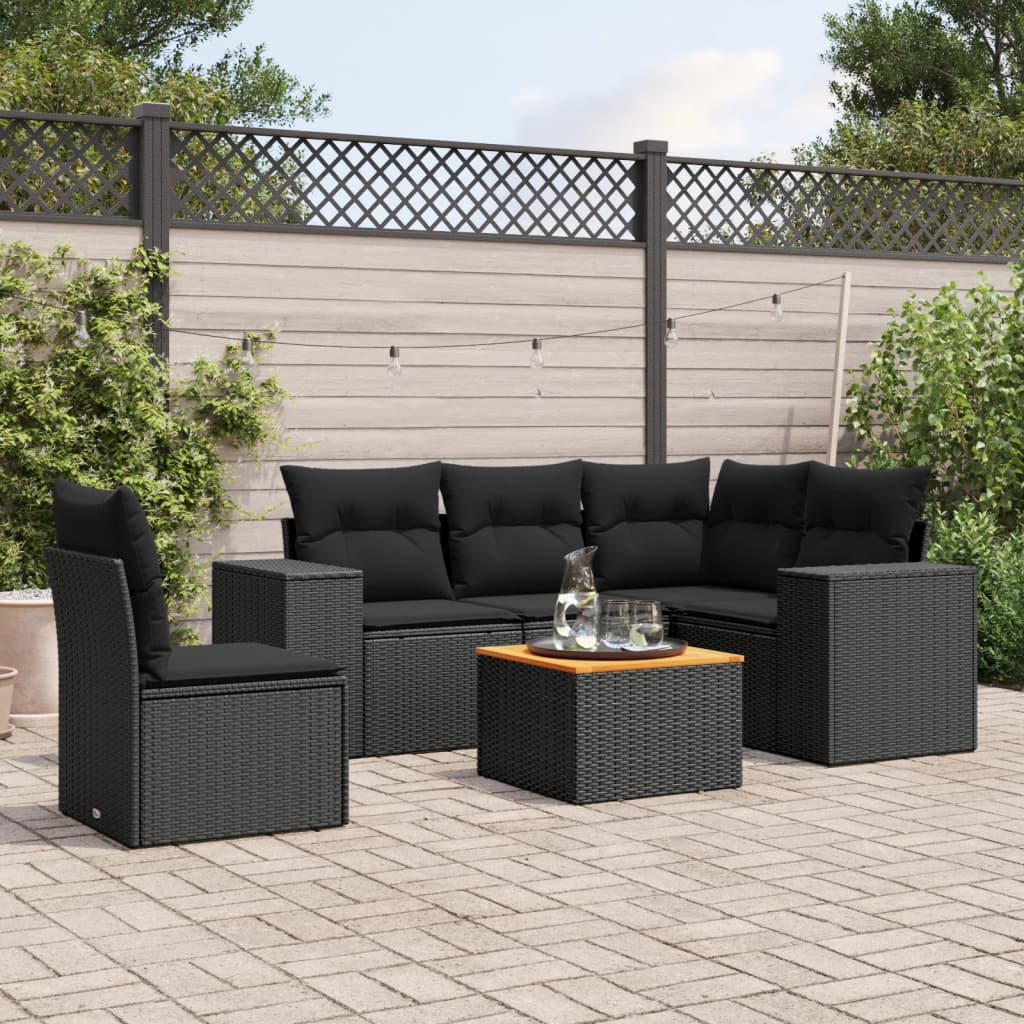 6-delige Loungeset met kussens poly rattan zwart – afbeelding 1