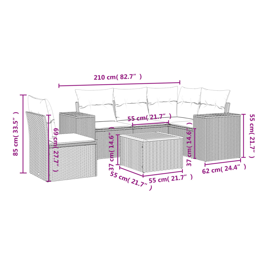 6-delige Loungeset met kussens poly rattan zwart – afbeelding 3