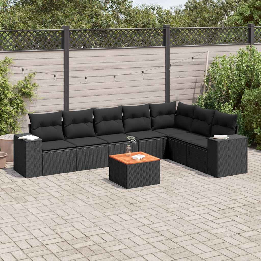 8-delige Loungeset met kussens poly rattan zwart – afbeelding 1