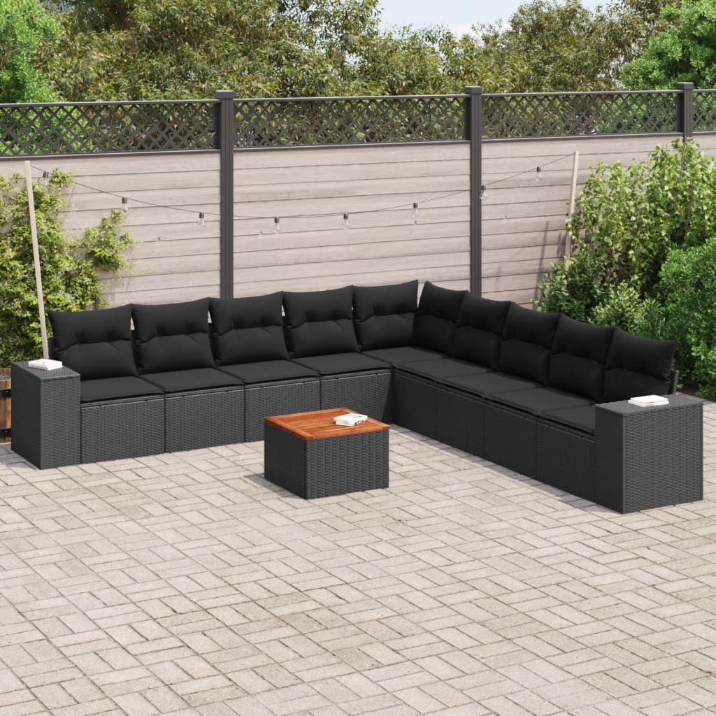 10-delige Loungeset met kussens poly rattan zwart – afbeelding 1