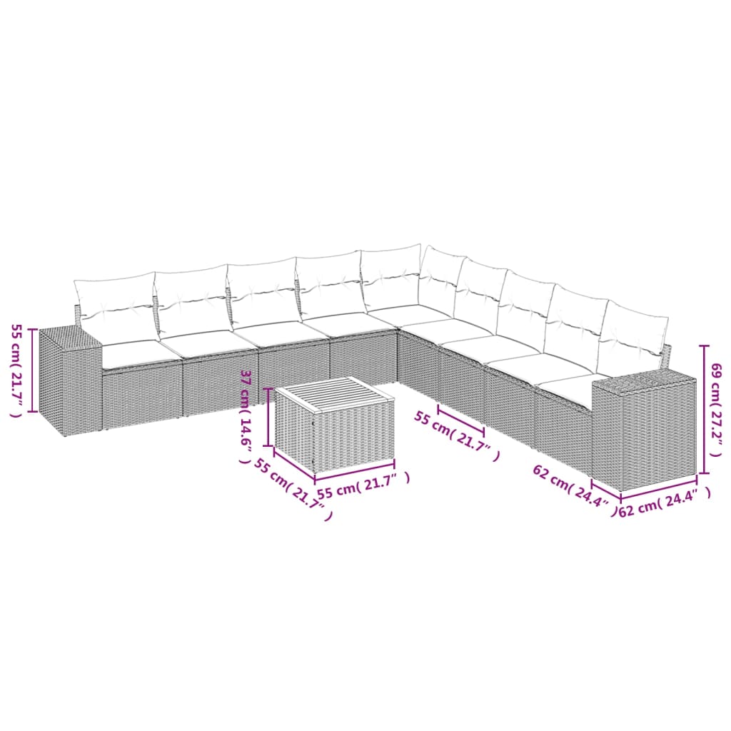10-delige Loungeset met kussens poly rattan zwart – afbeelding 3