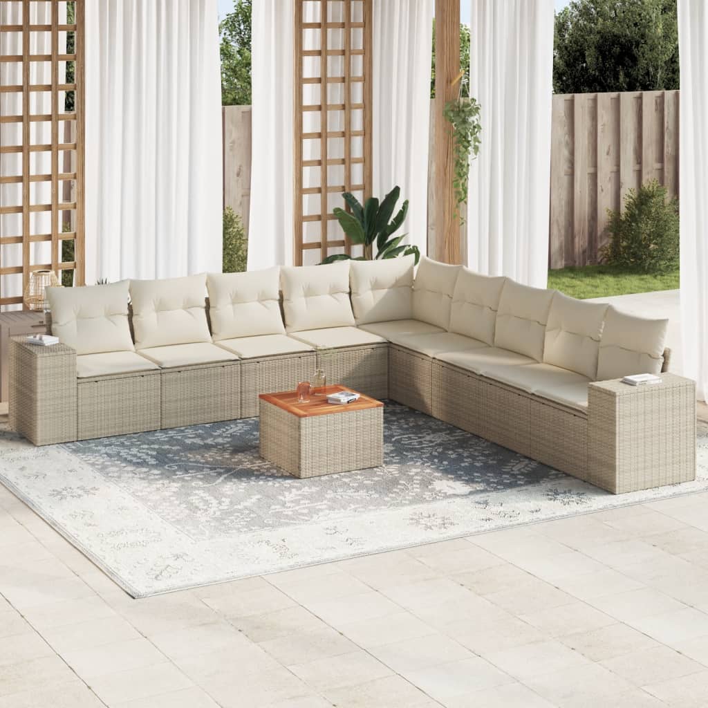 10-delige Loungeset met kussens poly rattan beige – afbeelding 1